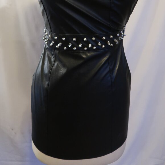 Black Faux Leather Studded One-Shoulder Dress - Picture 3 of 10